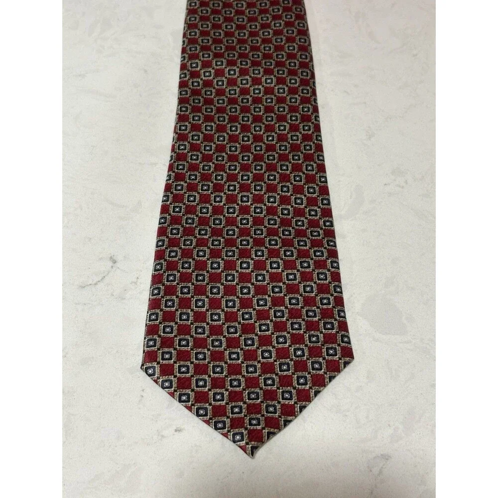 STAFFORD GEOMETRIC SILK TIE RED NAVY GOLD CLASSIC MENS EUC